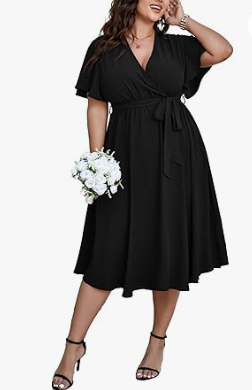 SCOMCHIC Womens Plus Size Wedding Guest Cocktail Midi Dress Summer Short Sleeve Wrap V Neck Belted A-Line Flowy Dress