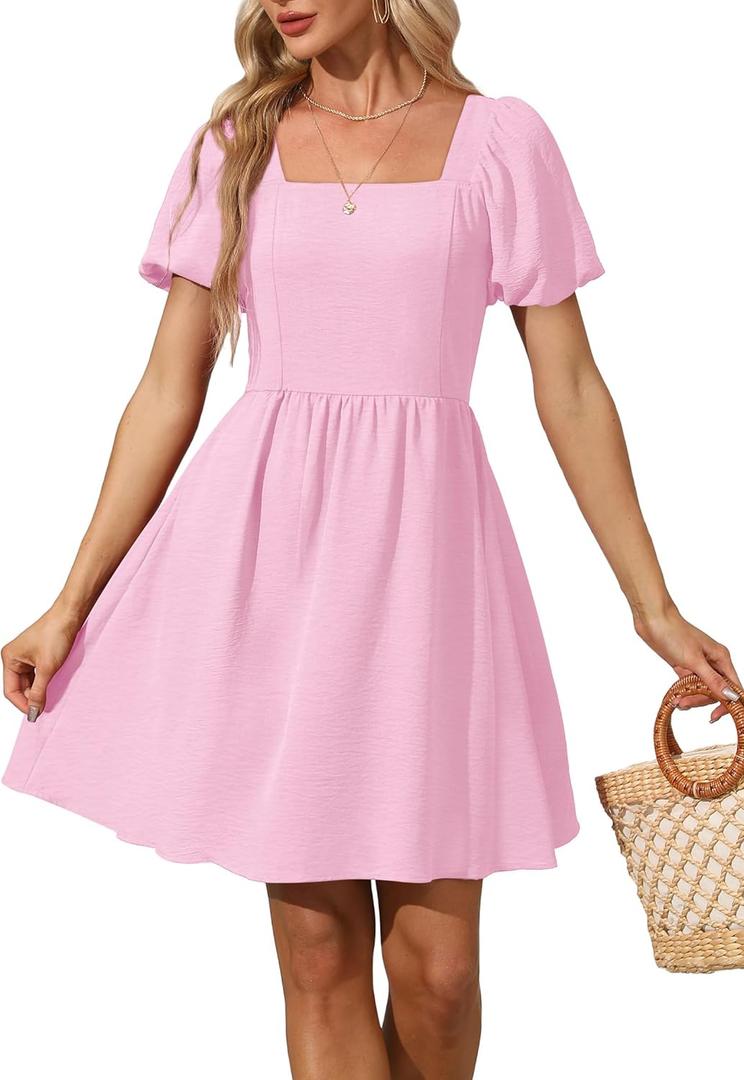 OFEEFAN Women Puff Sleeve Square Neck Tie in Back Dresses with Zipper, Size 160