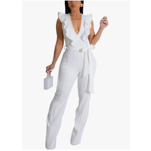 HBQ Womens Casual One Piece Jumpsuits V-Neck Sleeveless Ruffle Elegant Romper Wide Leg Pant Sexy Party Clubwear Overalls