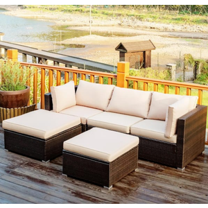 Island 5-Piece Wicker Patio Conversation Set with Beige Cushions(Cushion Covers Only)