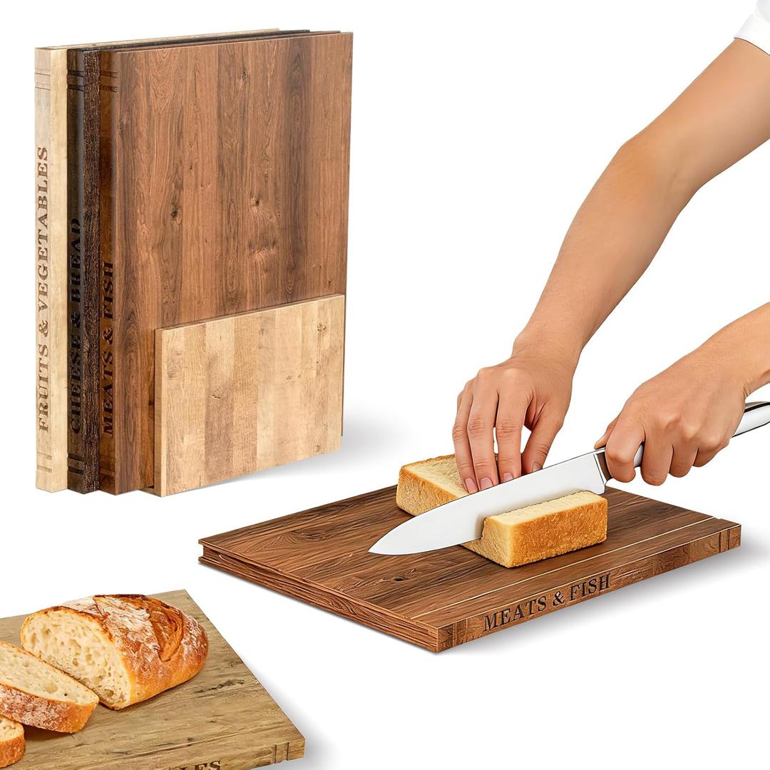 Book Cutting Board Set100% Acacia WoodEach Set Comprises Three Pieces, Including a Wooden Stand.Cheese, Bread and Grilled Meat Display