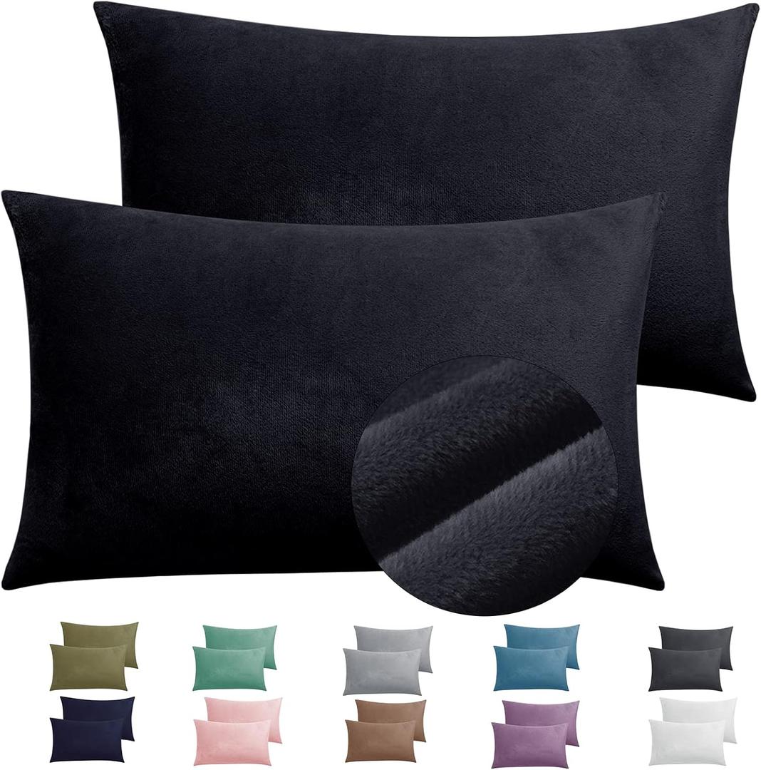 2 Pack Zippered Velvet Queen Pillowcases, Super Soft and Cozy Luxury Fuzzy Flannel Pillow Cases with Zipper, 20x30 Inches, Black