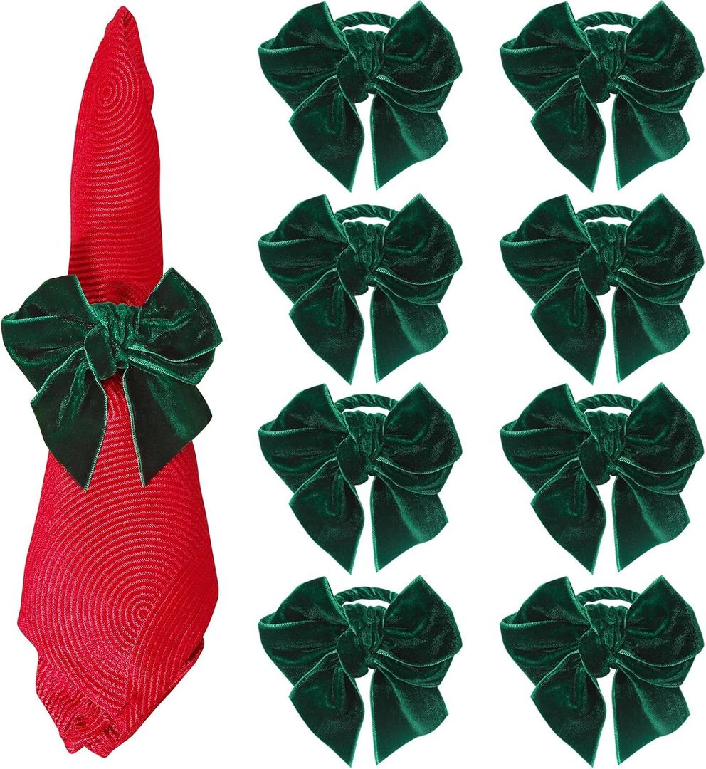 KPOSIYA Christmas Bow Napkin Rings Set of 8, Green Bow Napkin Rings,Chic Velvet Bowknot Napkins Holders for Dinning Table SettingWinter Festive, Christmas, Banquet, Party,Thanksgiving