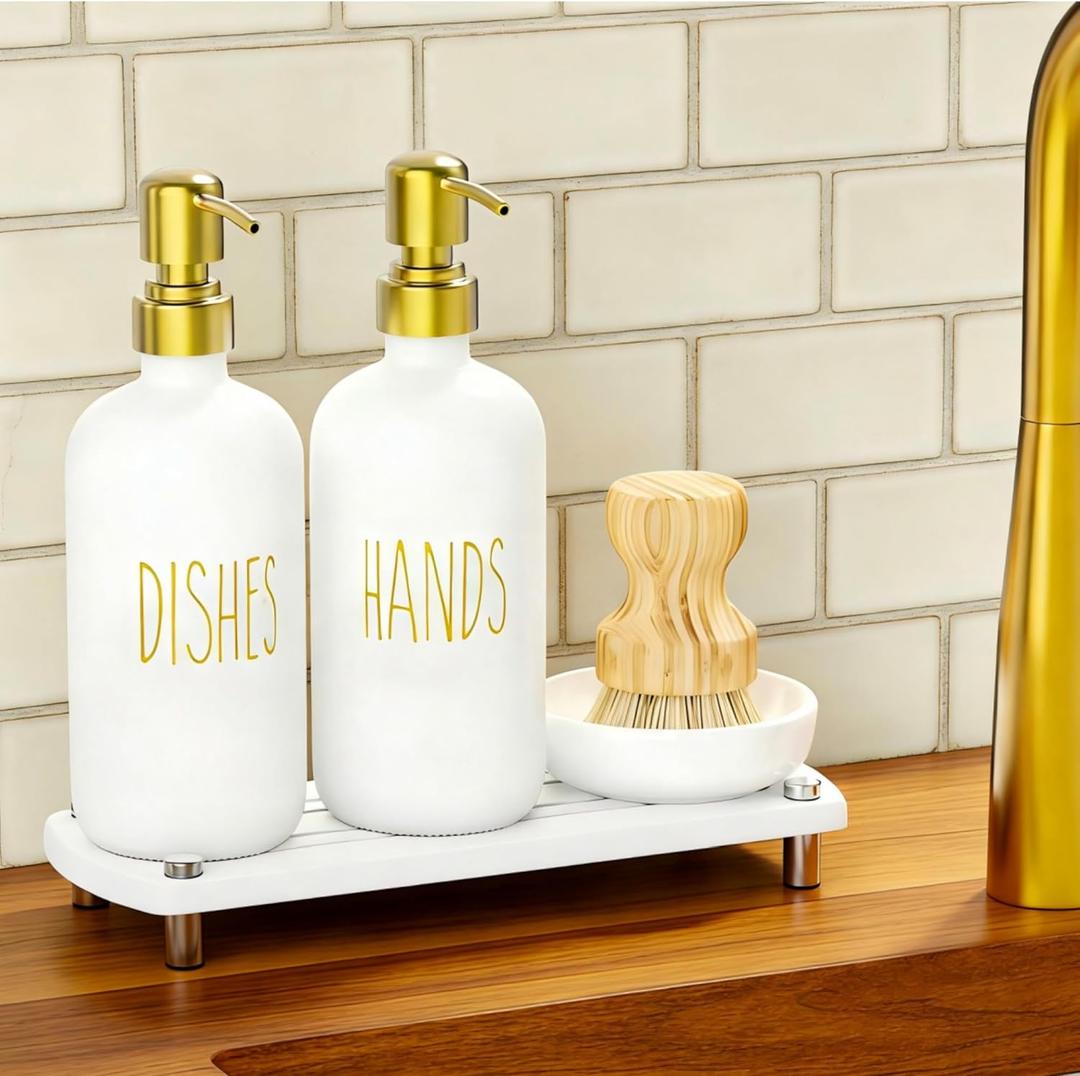 Gold Soap Dispenser Set Comes with Stainless Steel Pumps, Instant Dry Tray, and Dish Scrub Brush, Kitchen Soap Dispenser Set Suitable for Kitchen Decor and Bathroom Accessories(Gold)