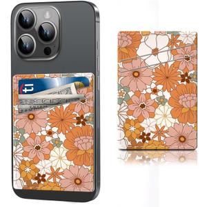 Phone Card Holder, Cute Leather Stick On Adhesive Wallet For Back Of Phone, Credit Cards, ID Card Holder For Phone Case Compatible With Most Phone Orange Retro Flowers