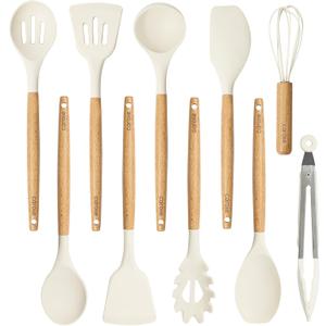CAROTE Silicone Cooking Utensils Set, Kitchen Utensils Set 10 Pcs for cooking, BPA Free Spatula Set with Heat Resistant Wood Handles for Nonstick Cookware, Cream White