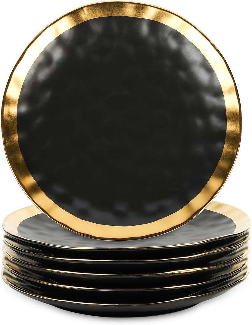 vicrays Ceramic Dinner Plates Set, 10 Inch, Set of 6, Round, Dishwasher Safe, NOT Microwave Safe, Suitable for Steak, Pasta, Home, Party, RestaurantBlack with Golden
