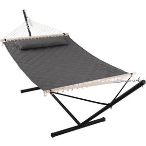 ANOW Double Hammock with 12FT Heavy Duty Steel Stand Included, 2 Person Hammock with Stand for Outdoors, 450 LBS Weight Capacity, Gray (Grey)
