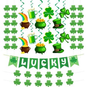 31Pcs St Patricks Day Decorations Pre-Assembled Shamrock Lucky Banner Garlands Clover Hanging Swirls Irish Decor for Home Saint Patrick Party Supplies
