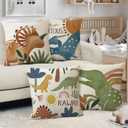 Fahrendom Boho Dinosaur Rawr Decorative Throw Pillow Covers 18 x 18 Set of 4, Bohemian Dino Stay Curious Porch Patio Outdoor Pillowcase, Sun Rainbow Plant Sofa Couch Cushion Case Home Decor