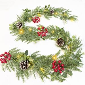 [Snowy & Timer] 6 Ft Prelit Christmas Garland, Real Touch Cedar Garland with Lights,115 Cedar Branchs 25 Eucalyptus Leaves Red Berry Snowy Pinecones Garlands for Mantel Fireplace Table Christmas Decor