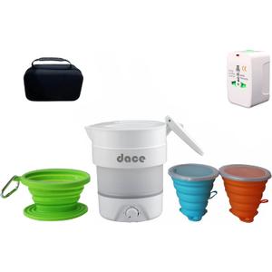 Portable Foldable Electric Travel Kettle, 800ML/27oz, White with Two Folding Cups and One Coffee Dripper,110V & 220V Dual Voltage, Food Grade Silicone, Universal Travel Adaptor and Case