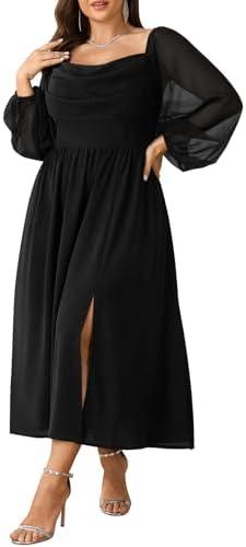 SHESTARR Women's Plus Size Dress Chiffon Long Sleeve Cowl Neck Wedding Guest Cocktail Party Maxi Dress, 2XL