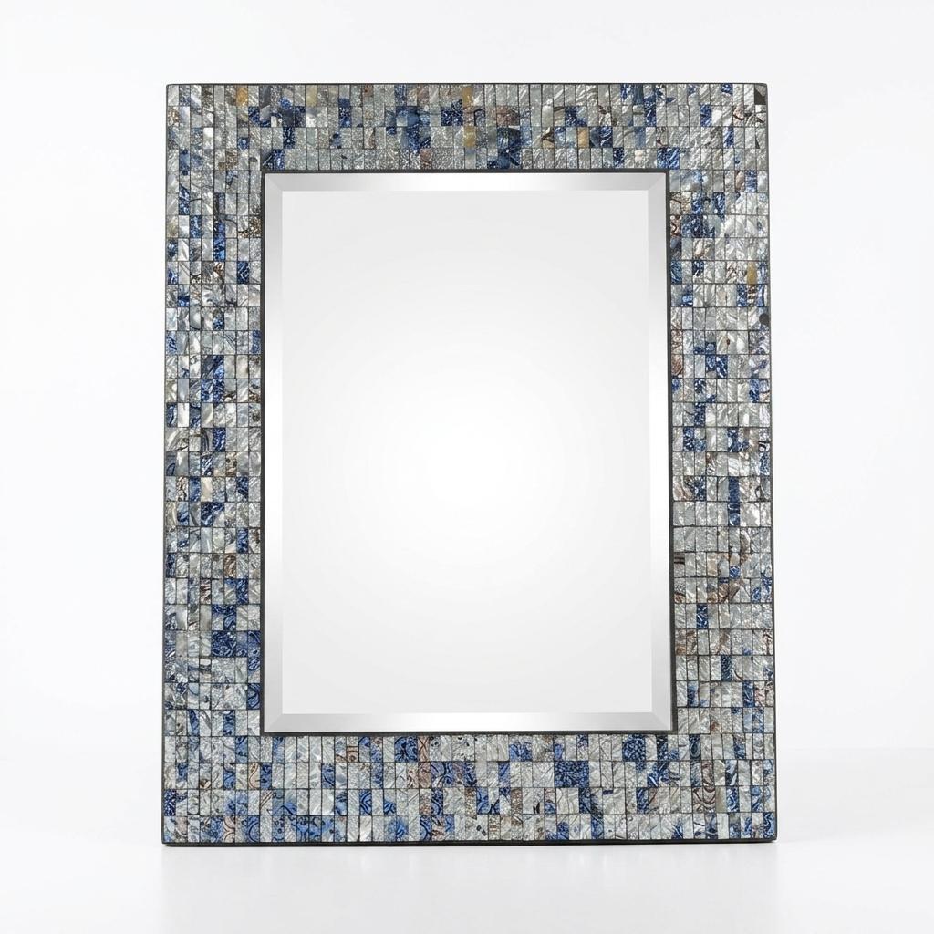 Handmade Blue & Silver Mosaic Wall Mirror, 30 x 24 Inch Rectangular Decorative Metal Framed Vanity Mirror with Embossed Glass Tiles for Bathroom, Bedroom, Living Room & Entryway