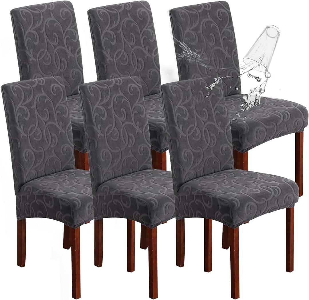 Genina Waterproof Dining Room Chair Covers Stretch Parsons Chair Slipcovers for Dining Room Kitchen Chair Protector Cover, Removable, Washable (6, Flower Pattern-Dark Gray) (Regular-6 Pack)
