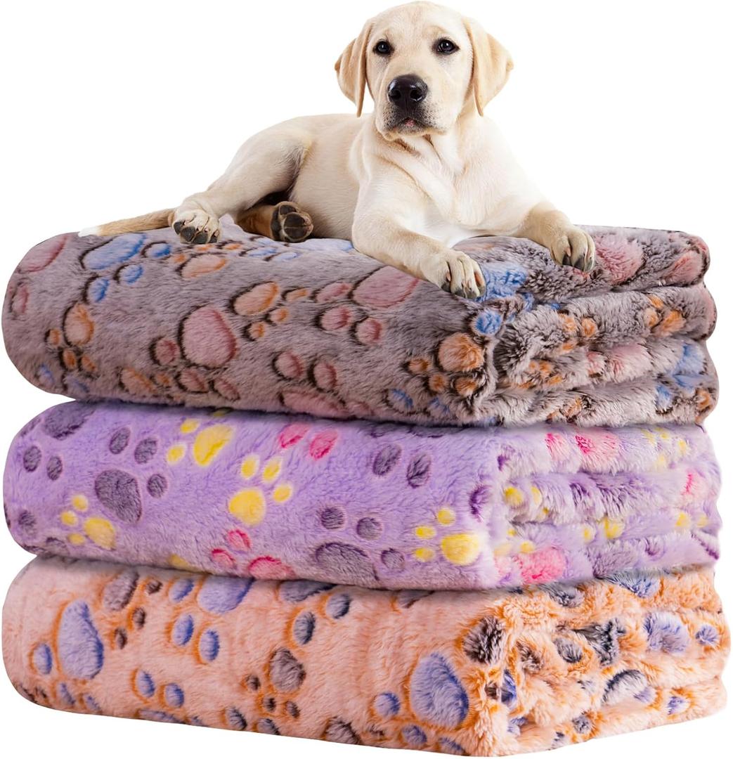 Rezutan Dog Blankets 3 Pack Large Medium Dog Cat Soft Fuzzy Washable Comfort Flannel Fuzzy Soft Pet Blankets, 41 x 31 inch,Tan/Purple/Brown