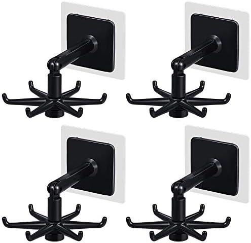 365Home Hanging Utensil Holder Hooks Kitchen Utensil Hanger Wall Mount 360 Degrees Rotating Folding Hook Self Adhesive Hook Utensil Rack with 6 Hooks for Kitchen Bathroom Cabinet (4 Black)