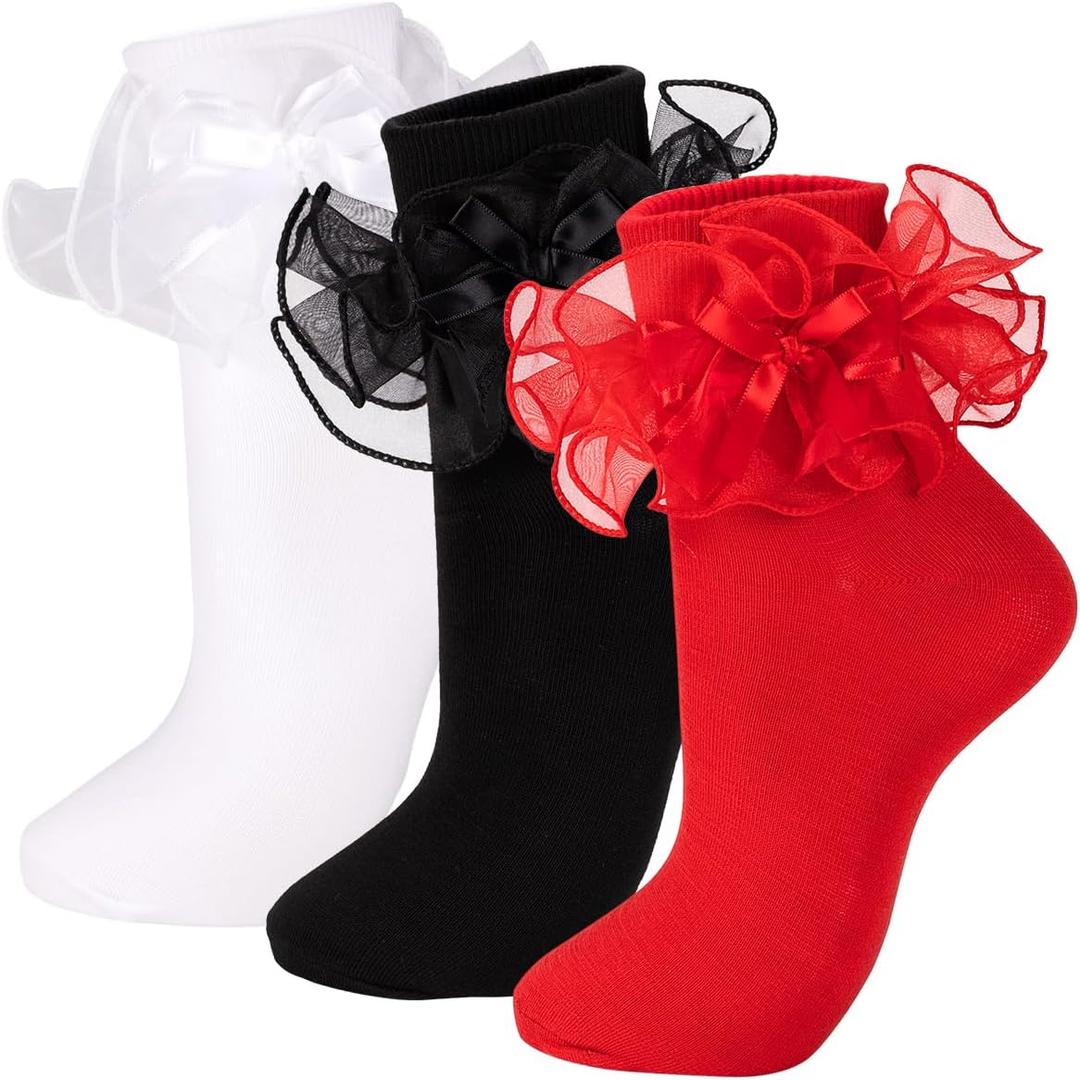NiceBaby Women's Big Ruffle Socks Double Lace with Bows (Size 5-11, 3 Pairs) (Black)