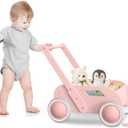 Wooden Baby Walker, Push and Pull Learning Walk Toys for Infants to Toddler, Walker with Wheels for Boys Girls, Gift for Birthday Christmas, Pink