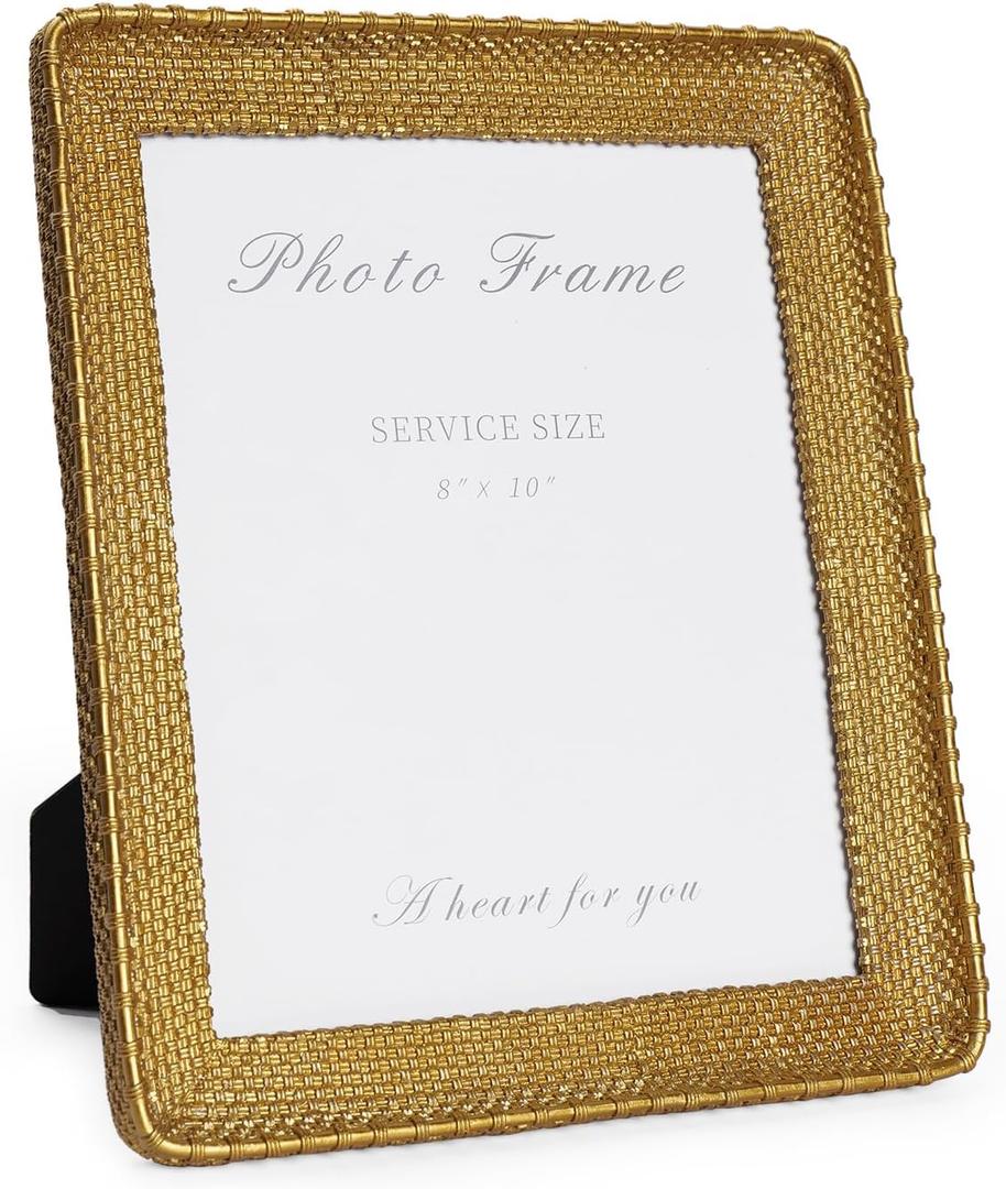 8x10 Picture Frame Gold, Vintage Gold Frames Rattan Textured Hand-Crafted Resin Photo Frame with Glass Front for Tabletop Display & Wall Display, Retro Design Home Decor