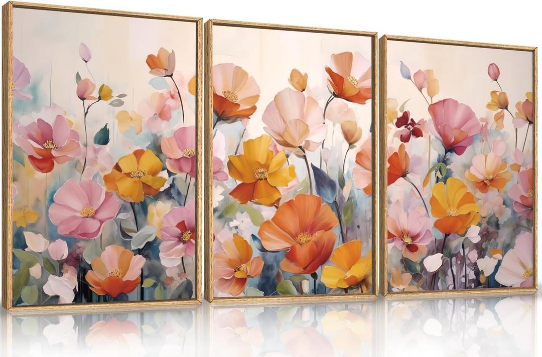 Nature Pink Floral Framed Canvas Wall Art Set, Boho Colorful Wildflowers Botanical Wall Decor, Modern Aesthetic Bohemian Flowers Art Print for Living Room, Bedroom-24 x36 x3