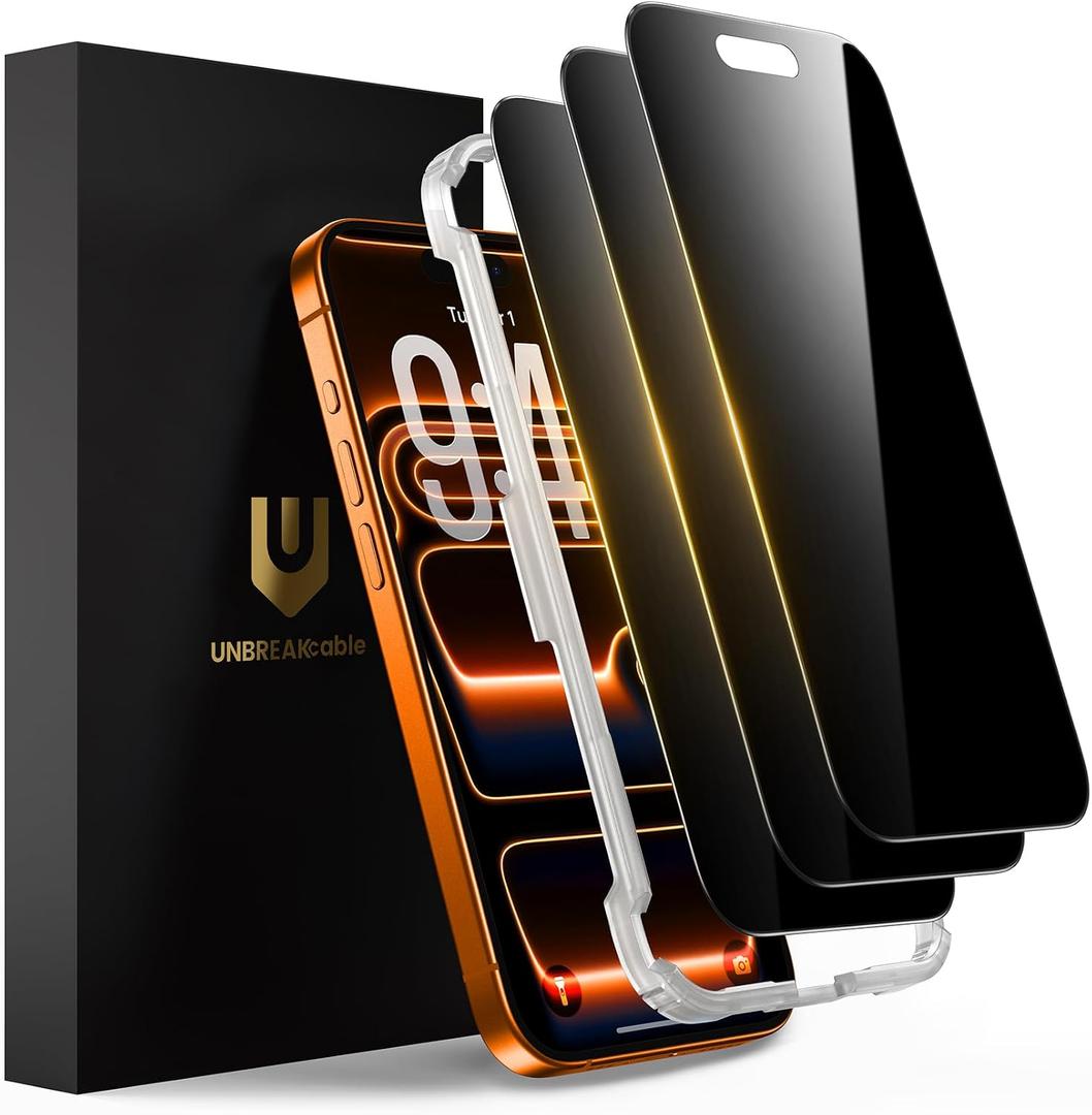 UNBREAKcable Privacy Screen Protector for iPhone 17 Pro Max (6.9"), 25° Anti-Spy Tempered Glass, Easy Install Alignment Frame, Case-Friendly, 9H Hardness, Anti-Fingerprint, 3-Pack