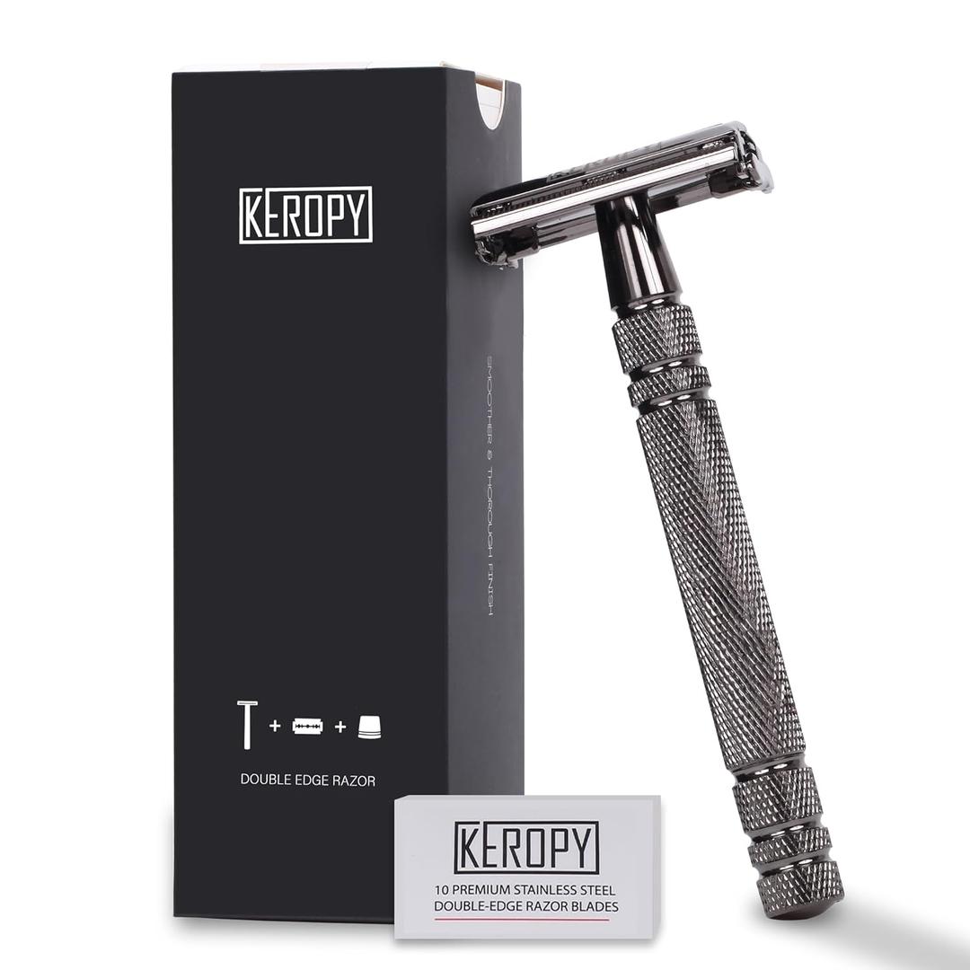 Double Edge Safety Razor with 10 Disposable Blades, Butterfly Open Head Features - Washable Reusable Metal Razor, Ergonomic Design Portable Shaving Kit for Beard Shape Up - Gloss Black