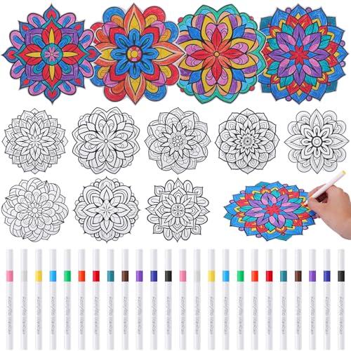 Potchen 48 Pcs Stained Glass Mandala Art Kit DIY Window Clings with Markers Color Your Own Suncatchers for Adults Hobby Teens Women Elderly Home Decor Gift (Floral)