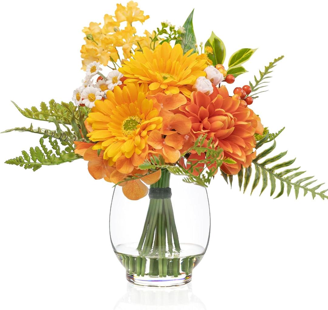 Fake Flowers in Vase with Fake Water, Realistic Faux Silk Dahlia & Gerbera Daisy Artificial Flower Arrangements for Fall Winter Home Wedding Thanksgiving Birthday Party Decor & Gift (Yellow & Orange)