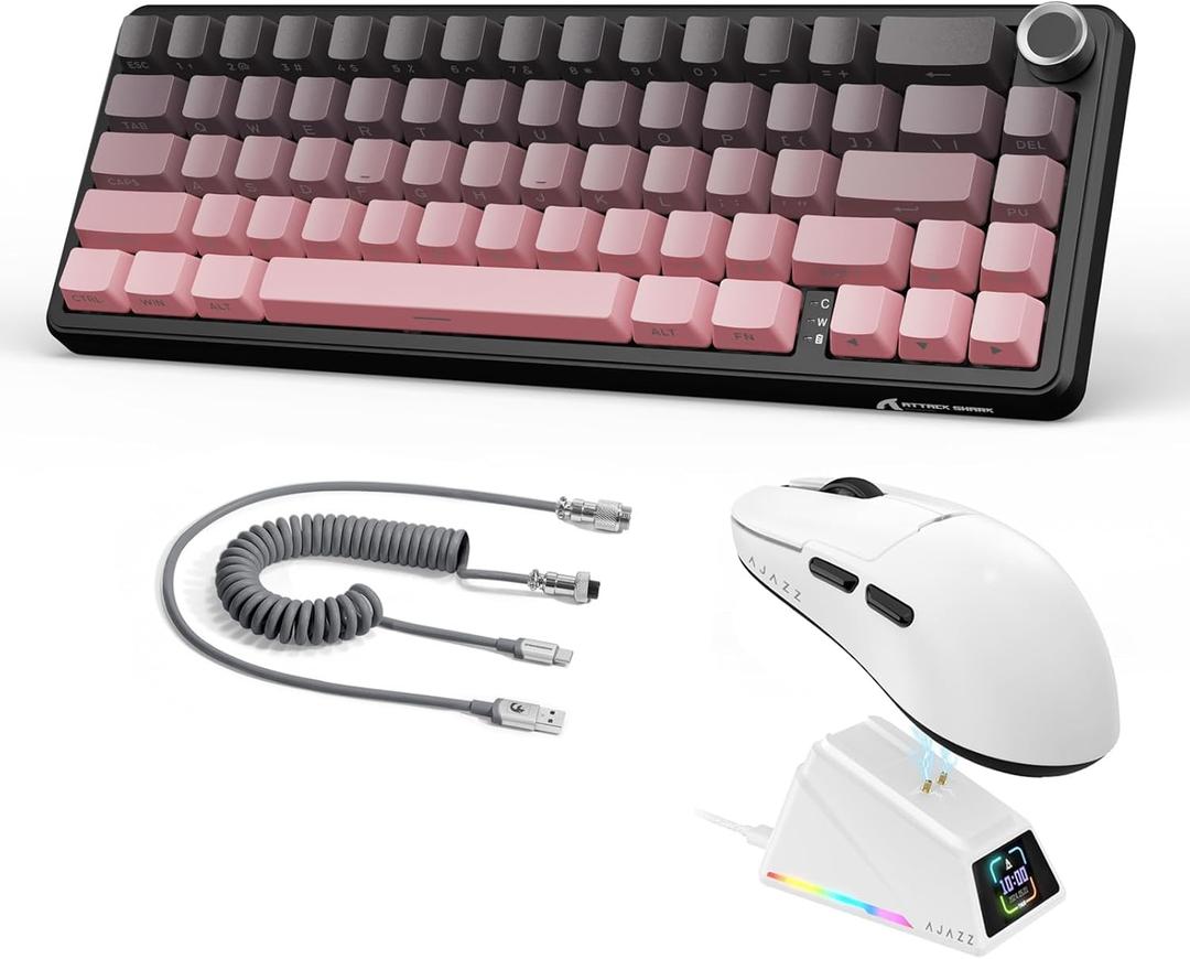 A.JAZZ Attack Shark X66 60% Wireless Mechanical Gaming Keyboard with Volume Knob AJ159APEX 8Khz Wireless Gaming Mouse Ultralight 56g with Magnetic Screen Charging Dock Combo Set (Black Berry)