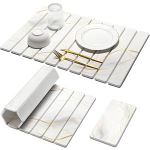 Large Stone Dish Drying Mat for Kitchen Counter, 2PCS Quick Dry Stone Dishes Mat,Foldable Water Absorbing Drying Organizer Pad for Plate Rack Bottles Utensils(Printed White Gold 24"16" & 8"x4")