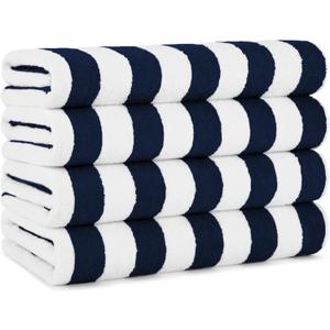 Arkwright California Cabana Stripe Beach Towel - Pack of 4, Large Soft Quick Dry Cotton Terry Towels Set for Pool, Swim, and Hot Tub, Oversized 30 x 70 in, Navy