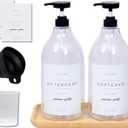 Laundry Detergent Dispenser - Fabric Softener Liquid Dispenser for Laundry Room - 64oz Plastic Soap Dispenser, Waterproof Labels, Collapsible Funnel, Extra Labels, Measuring Cup&Bamboo Tray - Set of 2