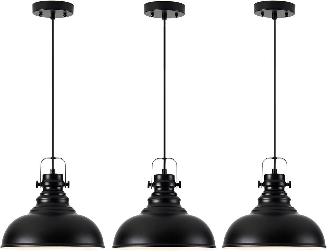 Industrial Pendant Light Fixture, Farmhouse Decor Adjustable Metal Hanging Lamp, Vintage Pendant Lighting for Kitchen Restaurant Dining Room Cafe, E26 Base Black (Black, 3 Pack)