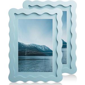 5x7 Wavy Picture Frame With Mat For 4x6, Wavy Edge Wooden Picture Frame with Real Glass - Wall Mount and Tabletop Display, Blue, 2 Pack