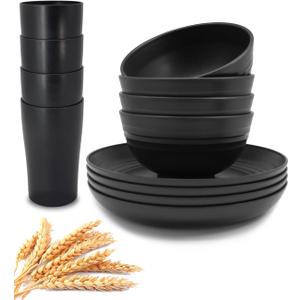 KITWILD Wheat Straw Dinnerware Sets, 12-Piece Lightweight Plastic Dinnerware Set with 8.9 Inch Unbreakable Plates, Bowl Set and Cup Set, BPA free, Dishwasher & Microwave Safe, Service for 4 - Black