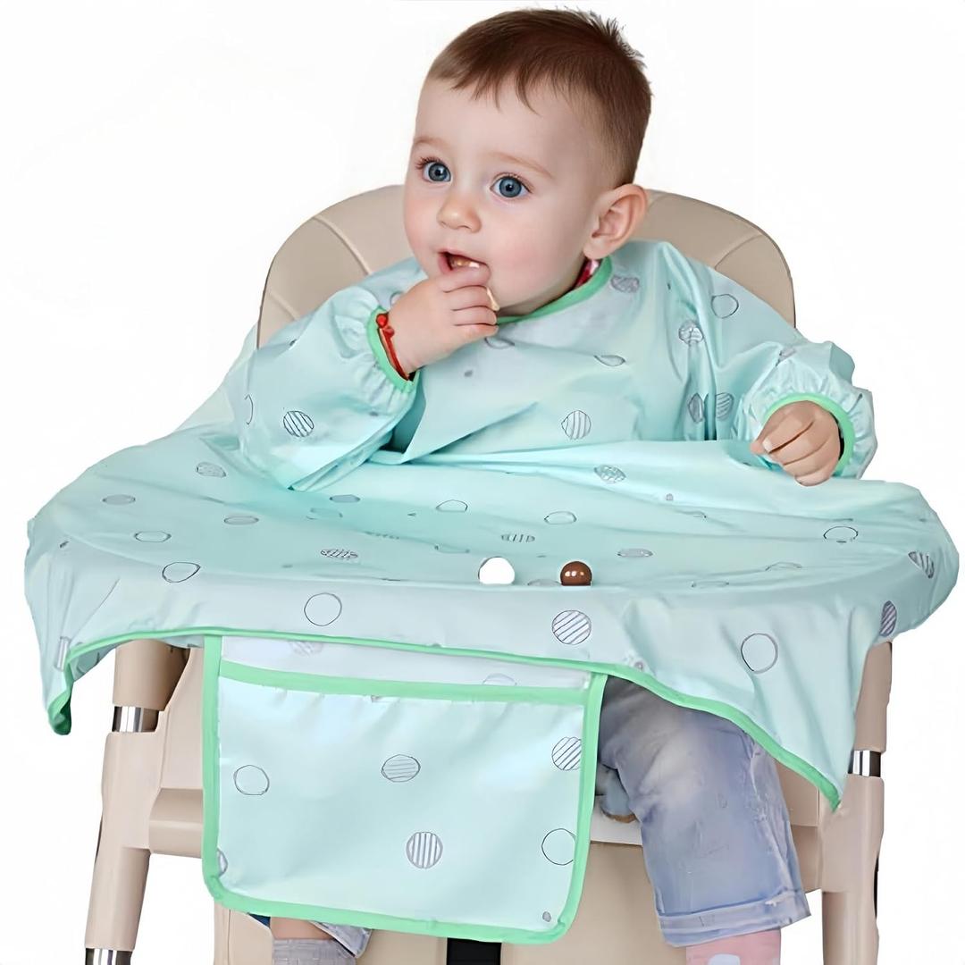 MOTEERLLU Coverall Baby Feeding Bib for Eating, Long Sleeves Bib Attaches to Highchair and Table, Anti-Dirty Weaning Bibs, Toddler Wipe Clean Waterproof for Baby Self-feedin 6-36 Months (Green sleeved)