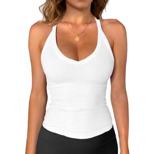 Jar of Love Workout Tank Tops for Women V Neck Racerback Cotton Ribbed Sapghetti Tank Fitted Basic Cami Tops (White, L)
