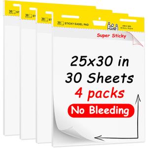 Super Sticky Easel Pad,25 in x 30 in Self Stick Flip Chart Paper,30 Sheets/Pad,4 Pad/Pack,Large White Premium Anchor Chart Paper,Easel Paper for Teachers,Businessmen,Office Workers