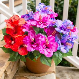 Artificial Flowers for Outdoors Faux Plants 4 Bundles Realistic Fake Hibiscus Tropical Flower UV Resistant Silk Flowers for Outside Planter Porch Patio Yard Garden Window Home Decoration, Mix (Purplefuchsiared)