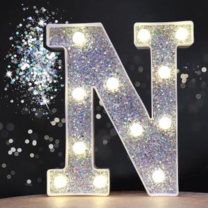 Pooqla LED Marquee Light Up Silver Letters, Glitter Alphabet Sign Battery Powered for Night Light, Birthday Party, Wedding, Girls Gifts, Home Bar, Christmas Decoration - Silver Letter N
