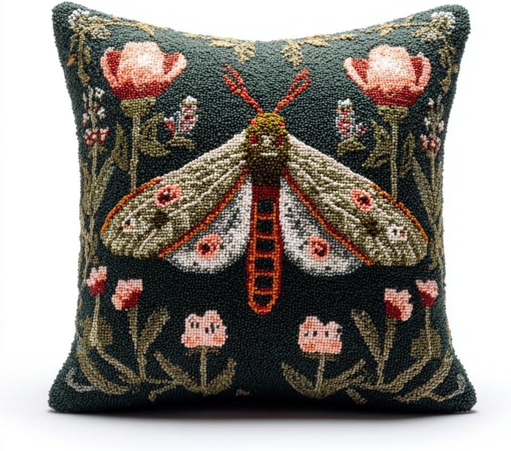 DIY Latch Hook Pillow Kit Beautiful Moth Portrait Surrounded by Flowers Easy for Beginners Color-Stamped Canvas Cushion 43x43cm Sofa Bedroom Decor Craft-76