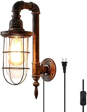 Industrial Plug in Wall Light E26 Base Edison Wire Retro Style Vintage Wall Lights with 5.9Ft Adjustable Plug in Cord Rustic Wall Sconce Fixture for Headboard Bedroom Porch - Cage