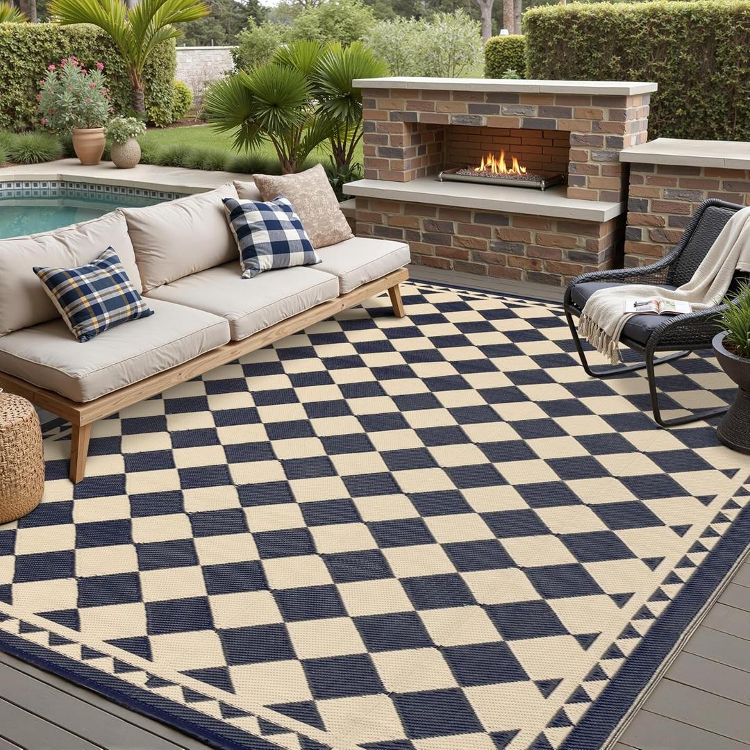 HUGEAR Outdoor Rug for Patios Clearance,Waterproof Mat,Large Outside Carpet,Reversible Plastic Straw Camping Rugs,Rv,Porch,Deck,Camper,Balcony,Backyard (8x10,Checkered/Black&Beige)