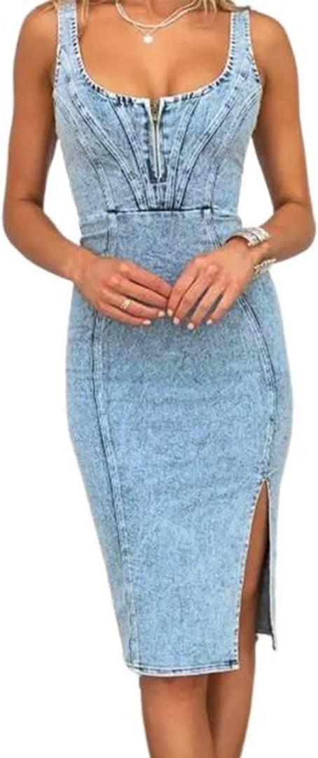 Women's Denim Dress Sleeveless Side Slit Bodycon Midi Jean Scoop Neck Dresses (Blue, Small) Women's Denim Dress Sleeveless Side Slit Bodycon Midi Jean Scoop Neck Dresses (Blue, Small)