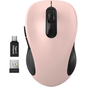 WisFox 2.4G Wireless Mouse for Laptop, Ergonomic Computer Mouse with USB Receiver and Type-C Adapter, 3 Adjustable Levels DPI, 6 Button Cordless Wireless Mice (Pink)