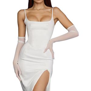 Nackiy Long Black Opera Gloves for Women, 1920s Satin Stretchy Elbow Length Party Gloves Costumes Bridal, 20inch (White Tulle)