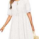 Dokotoo Summer Dresses for Women 2026 Tie Front V Neck Short Puff Sleeve Hollow Out Lace Wedding Guest Dress (White, L)