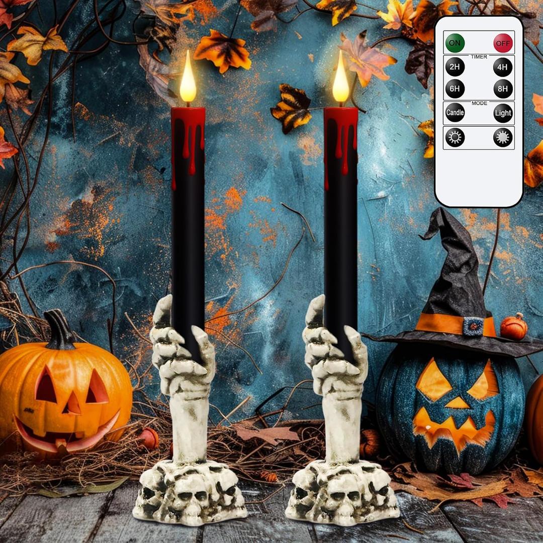 Eldnacele Halloween Flameless Taper Candle Lights Battery Operated with Remote and Timer, 2 Pack Skeleton Hand Holders Black Dripping Wax Effect LED Flickering Candles Home Decor(3 x 12)