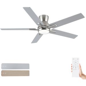 Sevenine 52 Inch Brushed Nickel Flush Mount Ceiling Fans with Lights and Remote, Low Profile Nickel Ceiling Fans for Bedroom Living Room Patio Porch, Quiet 6 Speed Reversible DC Motor, 3CCT, Dimmable
